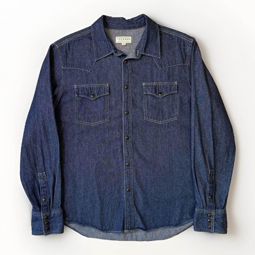 Tecovas Denim Pearl Snap Shirt Blue Long Sleeve Dark Wash Western Workwear